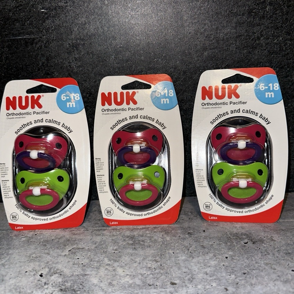 3 - 2 Packs NUK Pacifiers 6-18 Months LATEX Orthodontic BPA Free Pink Green